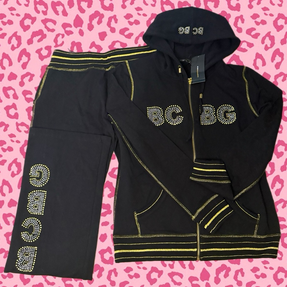 BCBGMaxAzria Black Rhinestone Logo Zip Hoodie, Y2K Black & Gold Studded